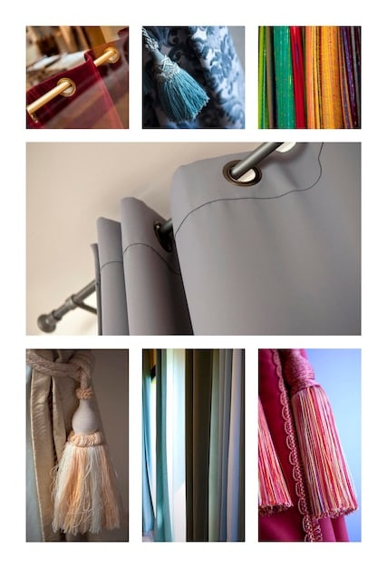 A mood board featuring various fashion styles, textures, and colors. The board includes images of classic, bohemian, and minimalist outfits, fabric swatches, and magazine cutouts. The overall aesthetic is curated to inspire personal style discovery and exploration.