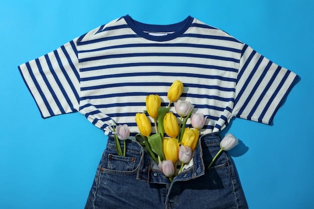 A flat lay showcasing an outfit consisting of a striped shirt paired with a floral skirt. Accessories like a neutral-colored belt and shoes are included to complete the look. The photo is taken from above, highlighting the print combination and overall outfit styling.