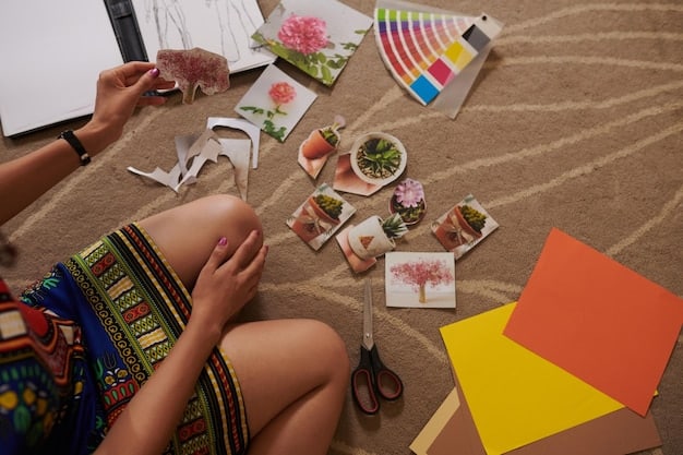 An individual creating a mood board filled with fabrics, colors, and images representing their aesthetic preferences and desired style inspirations for their 2025 signature style.