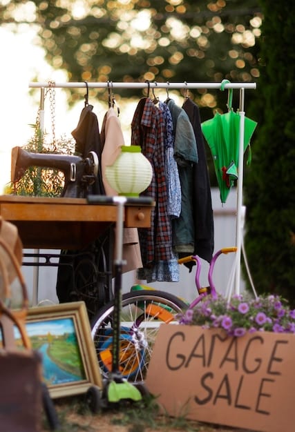 A display in a thrift store with racks of gently used clothing. The focus is on finding unique and affordable pieces.