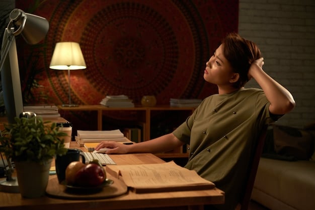 A person sitting comfortably in a quiet, sunlit room, meditating with their eyes closed, and a timer set for 15 minutes on a nearby table.