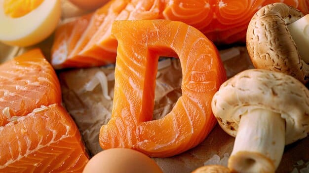 Close up of different vitamin D-rich foods, like salmon, milk, mushrooms, with labels displaying the Vitamin D amount.
