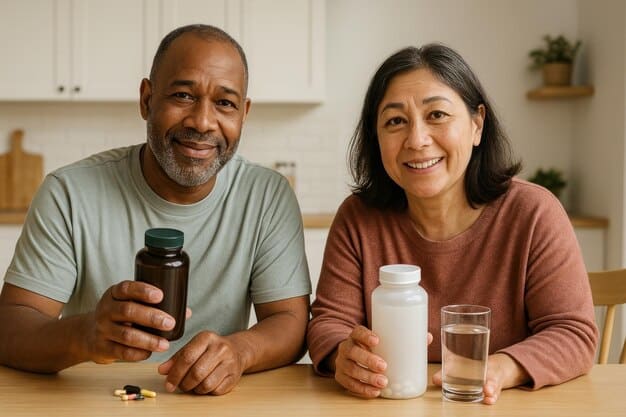 A diverse group of people taking vitamin D supplements, showing different age groups and ethnicities, emphasizing inclusivity.
