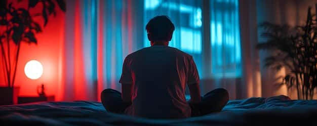 A person meditating peacefully in a dimly lit room, with soft ambient lighting and calming colors. The person is sitting in a comfortable position with their eyes closed.