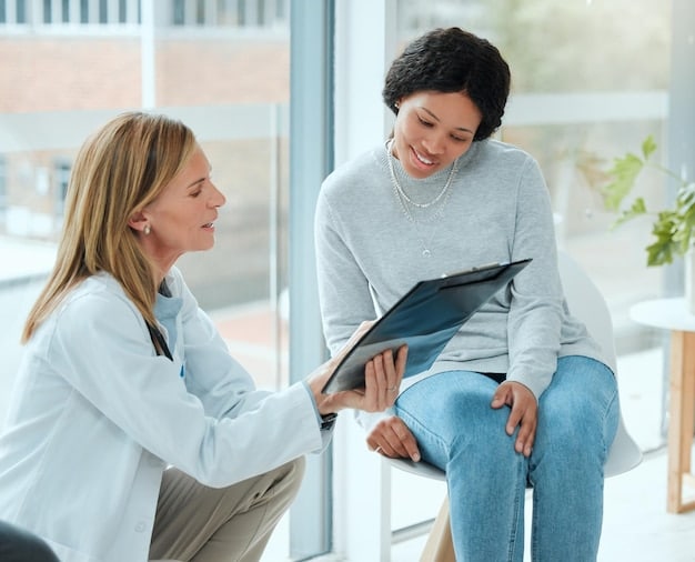 A doctor and patient in a therapy session, both smiling and engaged in a conversation. The doctor is holding a notepad, taking notes as the patient speaks. The setting is a bright and welcoming clinic, with artwork on the walls that promotes mental wellness. The overall scene shows a positive and supportive environment.