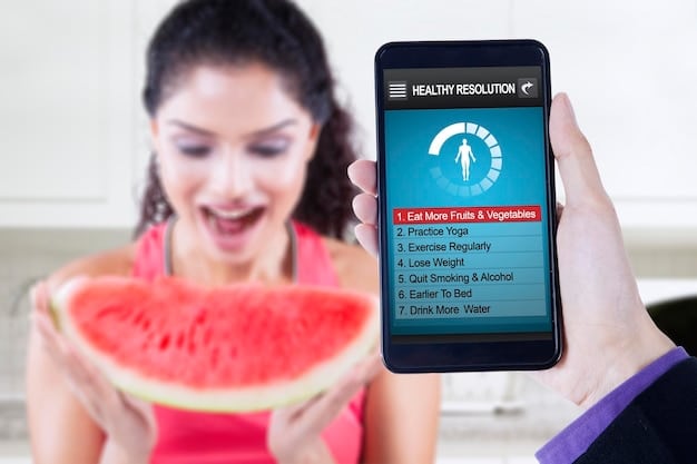 A close-up of a smartphone screen displaying the user interface of a nutrition tracking app, showing detailed calorie counts, macronutrient breakdowns, and personalized dietary recommendations, alongside healthy food options.