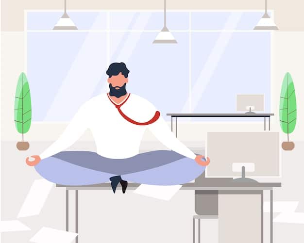 A person doing yoga stretches at their desk during a quick break from work, showcasing how to incorporate wellness activities into a busy workday.
