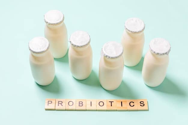 A selection of probiotic supplement bottles and capsules, with labels clearly showing different strains and CFU counts. The image includes probiotic-rich foods alongside the supplements.