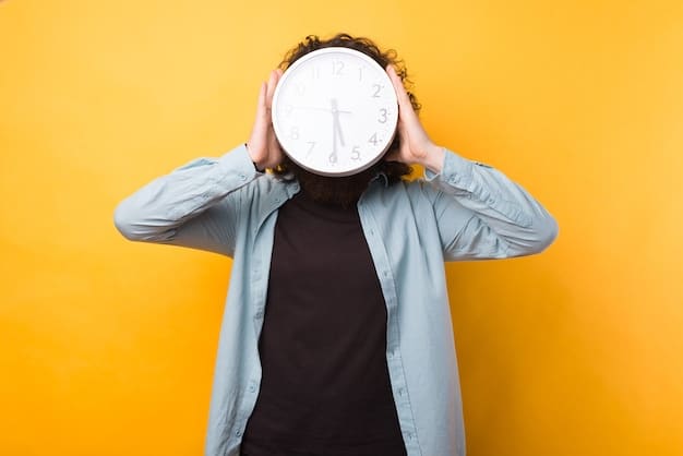 A person looking tired and stressed, holding their head, with a clock in the background showing the time change.