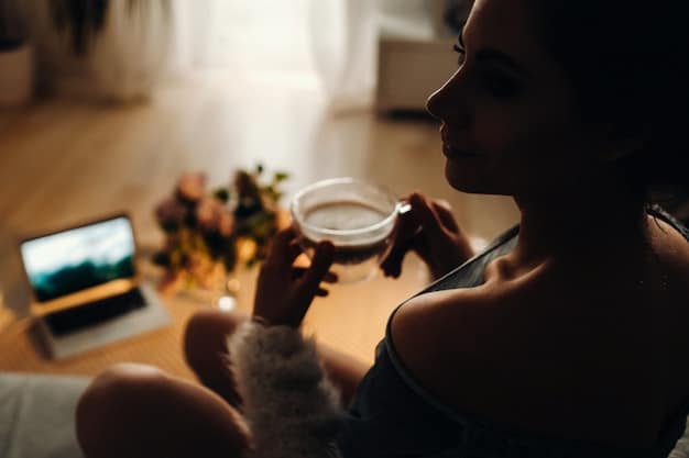 A person drinking tea in a dimly lit room before bed, with a focus on calming and sleep-promoting activities.