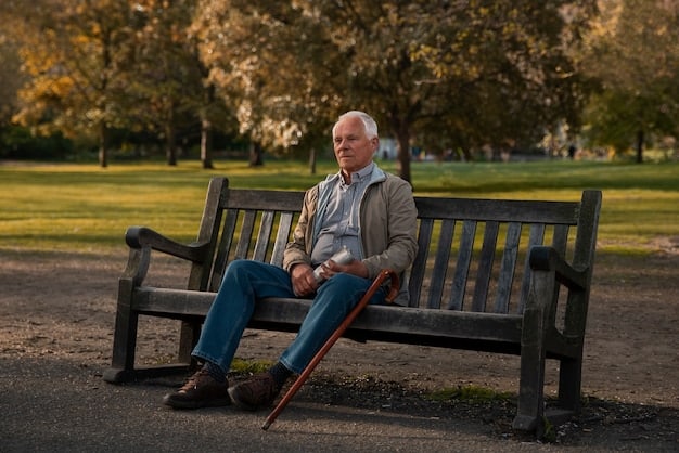 A senior man sitting alone on a park bench, looking thoughtful and slightly sad. The background is blurred to emphasize his isolation.