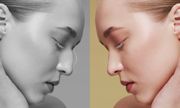A split image showing the difference between a face without highlighting and the same face with highlighting and strobing applied. The highlighted side shows a clear radiance on the cheekbones, brow bone, and nose.