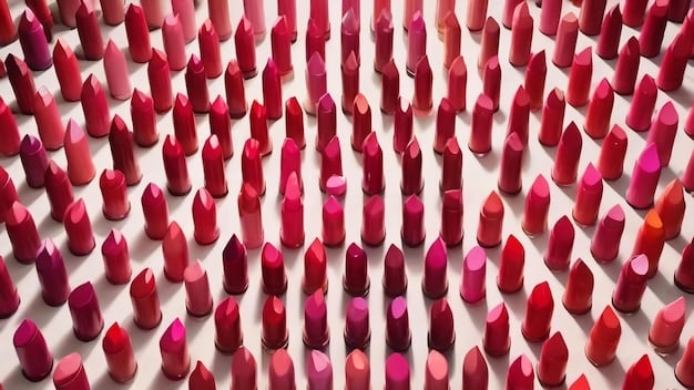A selection of lipsticks in various bold shades (red, fuchsia, berry) lined up against a neutral background, showcasing different textures (matte, satin, gloss) and illustrating the range of options available for creating a bold lip look.