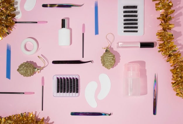 A collection of tools used for applying false eyelashes, including eyelash adhesive, tweezers, small scissors, and mascara wand, neatly arranged on a makeup table.