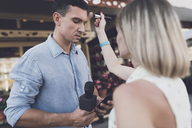 A makeup artist demonstrating the eyeshadow blending technique on a model. The artist is holding a blending brush and gently blending the eyeshadow in the crease of the model's eye. The focus is on the brush movement and the seamless transition of colors.