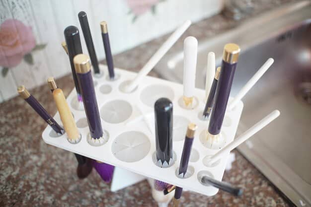 A detailed shot of various makeup brushes, eyeshadow palettes, and concealer tubes organized neatly on a vanity, showcasing the essential tools for creating a cut crease look. The lighting highlights the textures and colors of the products.