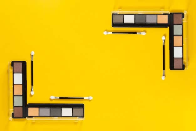 A flat lay showcasing a collection of drugstore eye makeup products. Include an eyeshadow palette with a mix of matte and shimmer shades, a liquid eyeliner with a precision tip, and a mascara with a volumizing brush.