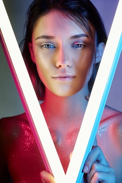 A futuristic rendering of a woman applying a reverse cat eye using an augmented reality app on her phone, showcasing the potential of AI in makeup application.