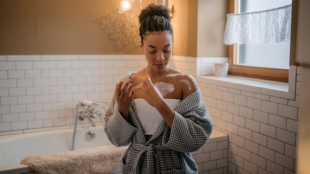 A person taking a warm, not hot, shower with a moisturizing body wash, showing a gentle and hydrating cleansing routine.