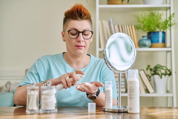 A woman is carefully reading the ingredient list on a skincare product bottle with a magnifying glass. She's in a well-lit bathroom, and the focus is on her intent expression and the product label.