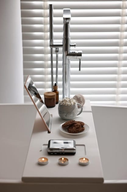 An organized bathroom counter with skincare products neatly arranged on a tray, along with a timer showing 3 minutes, indicating the fast-paced nature of the routine.