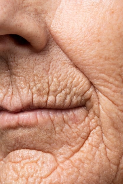 A close-up of skin showing fine lines and wrinkles around the eyes and mouth. Focus on the texture and details that are characteristic of aging skin. Soft, diffused lighting is used to highlight the skin's surface.