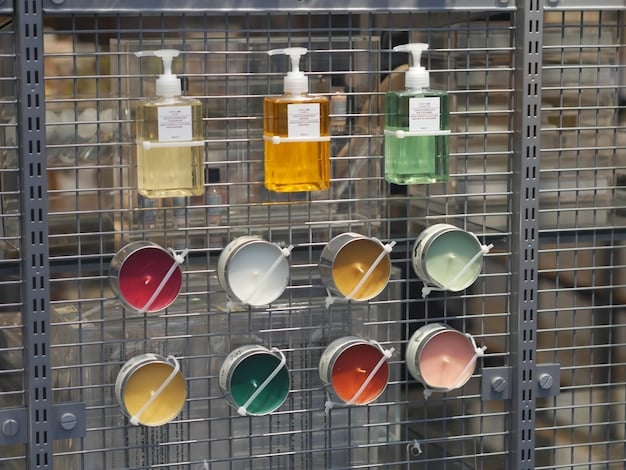 A well-organized skincare shelf with various acne-fighting products (cleansers, serums, moisturizers). Each product is clearly labeled and arranged neatly.