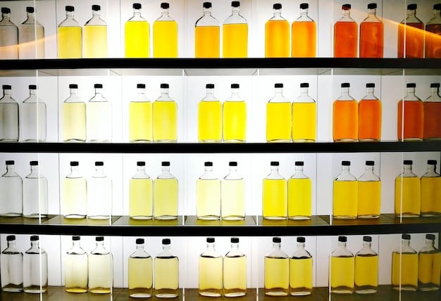 a shelf displaying an assortment of different Vitamin C serums, varying in brands, packaging, and concentration levels. The background is a blurred, bright minimalist skincare store.