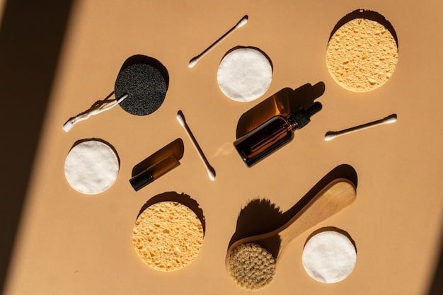 A macro shot of various types of exfoliants (e.g., scrubs, chemical peels, exfoliating tools) displayed on a clean surface. Focus on the textures and ingredients to highlight the variety of options available for exfoliation.