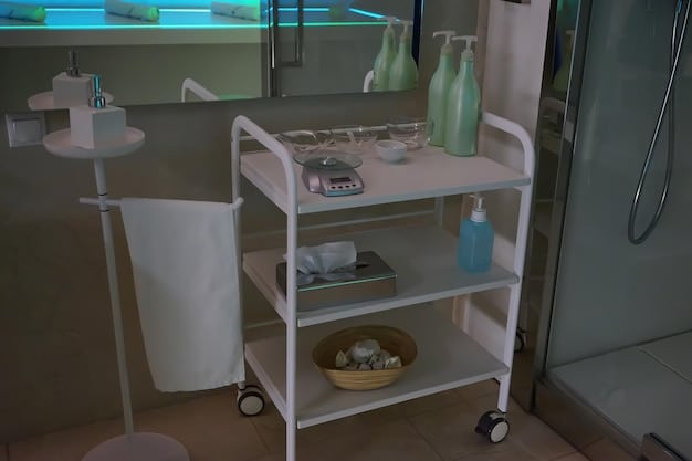 A well-organized skincare product shelf in a dimly lit bathroom. The products are neatly arranged and include items like night creams, serums, eye creams, and gentle cleansers. Soft lighting highlights the textures and packaging of the skincare items, suggesting a calming nightly routine.