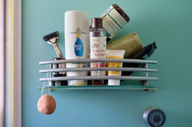 A neatly organized shelf in a bathroom, featuring various skincare products for men. There are bottles of cleanser, moisturizer, sunscreen, and other treatments. The products are arranged in a way that looks accessible and inviting, showcasing a complete skincare routine.