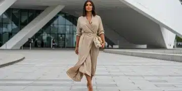 Woman in stylish 2025 fashion, urban background
