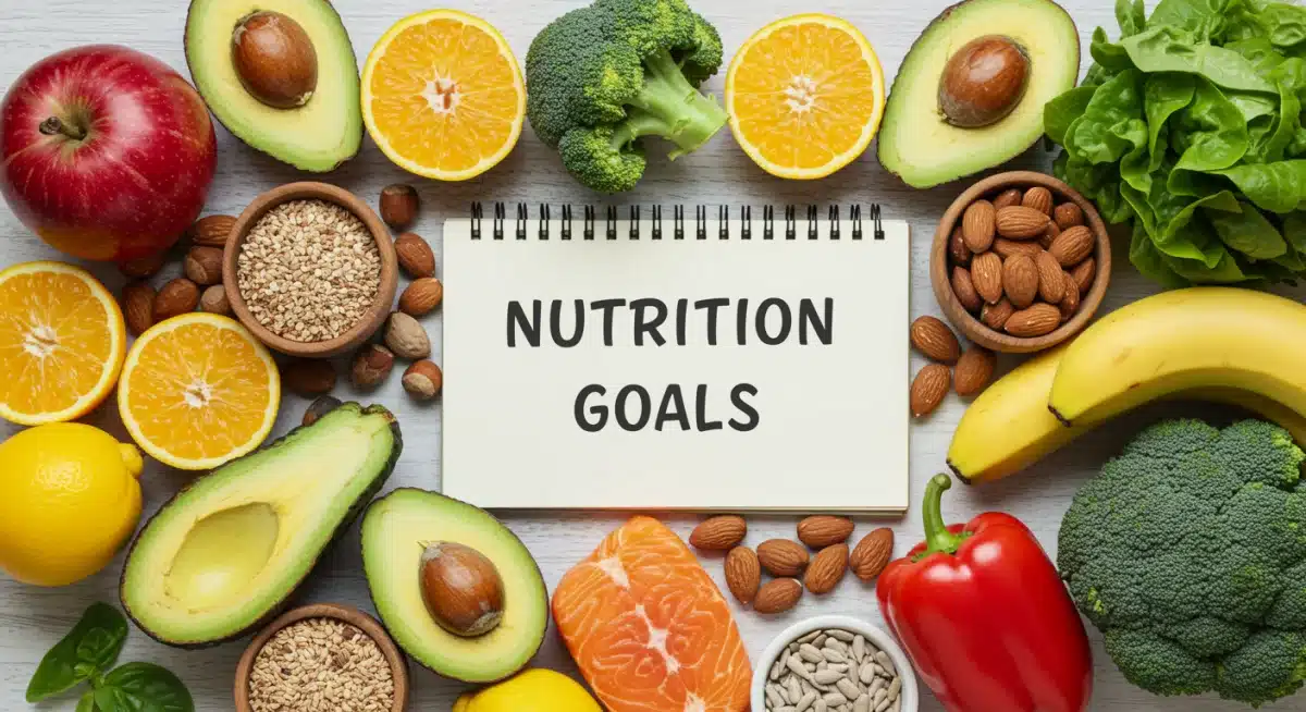 Healthy food flat lay with a 'Nutrition Goals' notepad, symbolizing dietary planning for wellness.