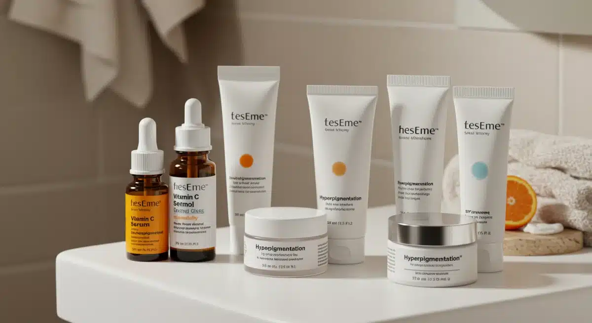 Assortment of hyperpigmentation treatment products on a counter