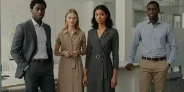 Professionals in modern workplace professional attire discussing in a contemporary office.