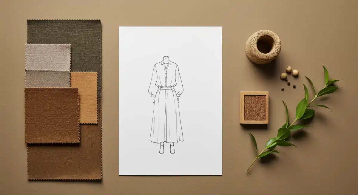 Sustainable fabric swatches and minimalist garment sketch