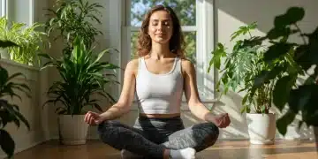 Woman meditating peacefully by a window, embodying the essence of a 2025 wellness audit.