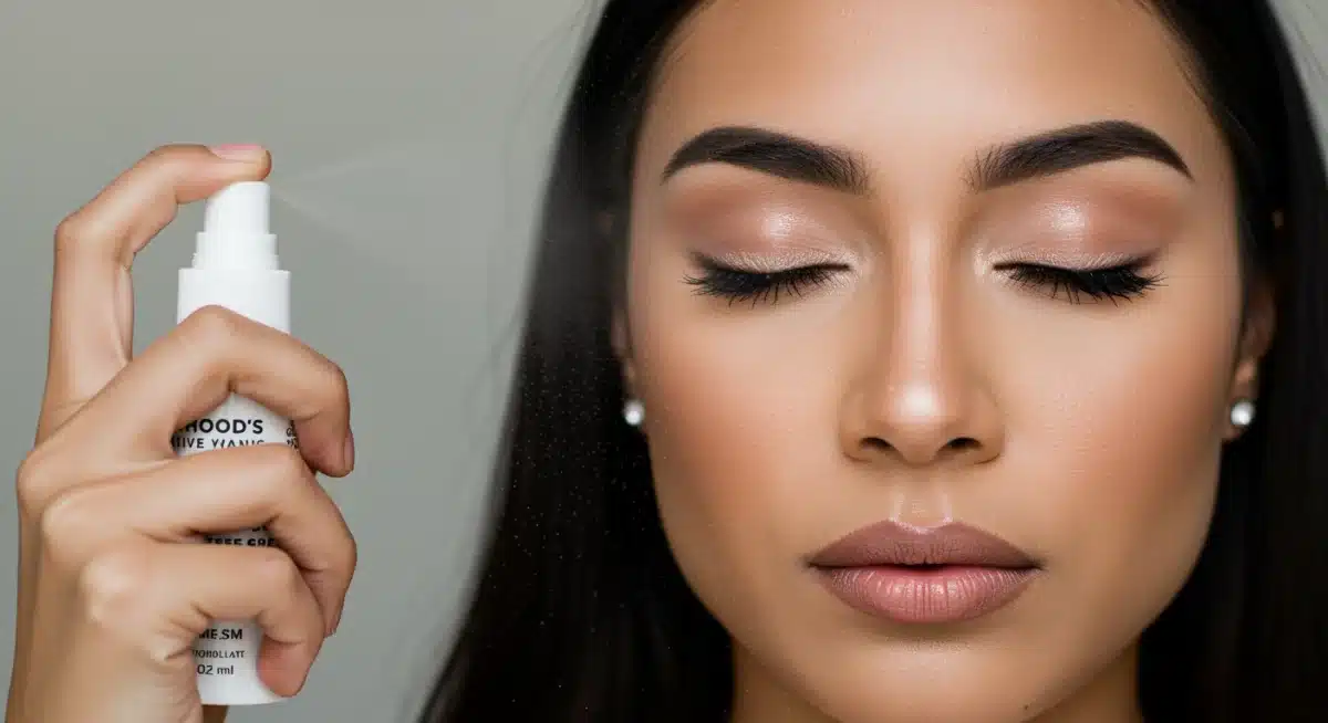 Woman applying setting spray to her face for a fresh and durable makeup finish.