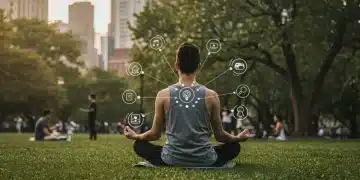 Person meditating outdoors, balancing digital life with nature in a U.S. park setting.