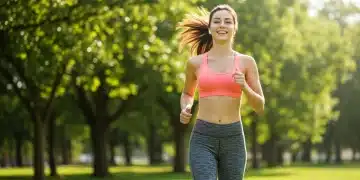 Woman jogging in a park, symbolizing natural energy and vitality.