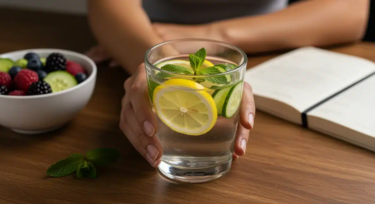 Infused water with lemon, cucumber, and mint, symbolizing healthy hydration.
