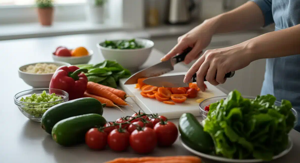 Hands preparing fresh, whole ingredients in a kitchen, symbolizing intentional food preparation for mindful eating.