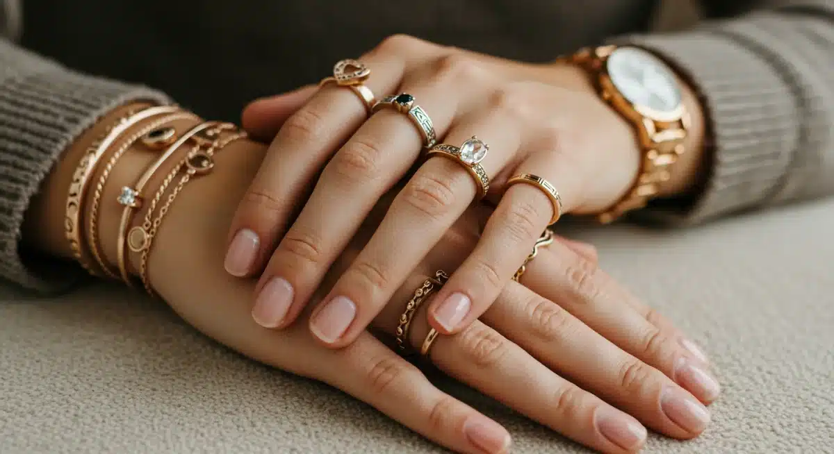 Layered jewelry on hands, combining rings and bracelets for a chic look