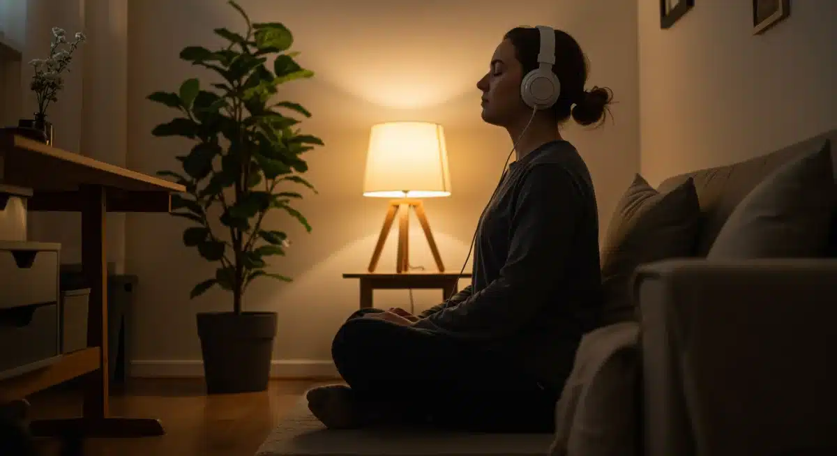 Person meditating with headphones in a calm home office environment