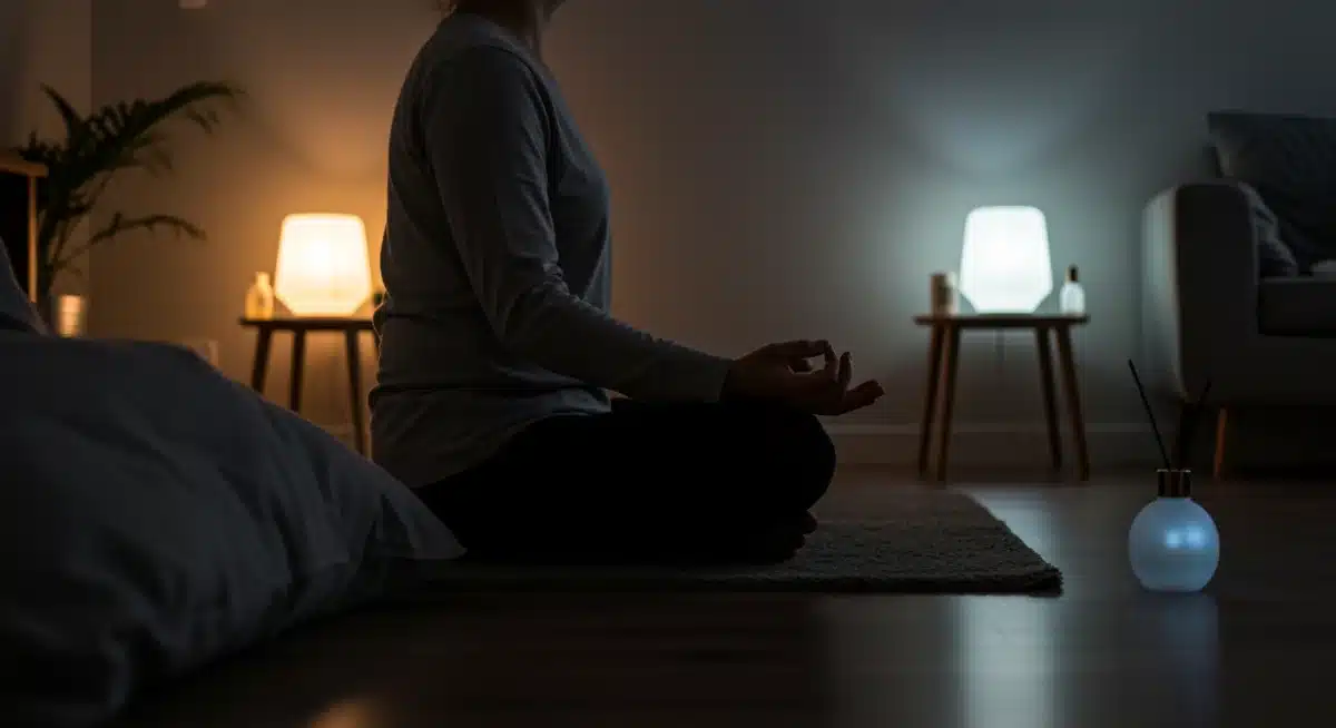 Person meditating with smart lighting and aroma diffuser before sleep