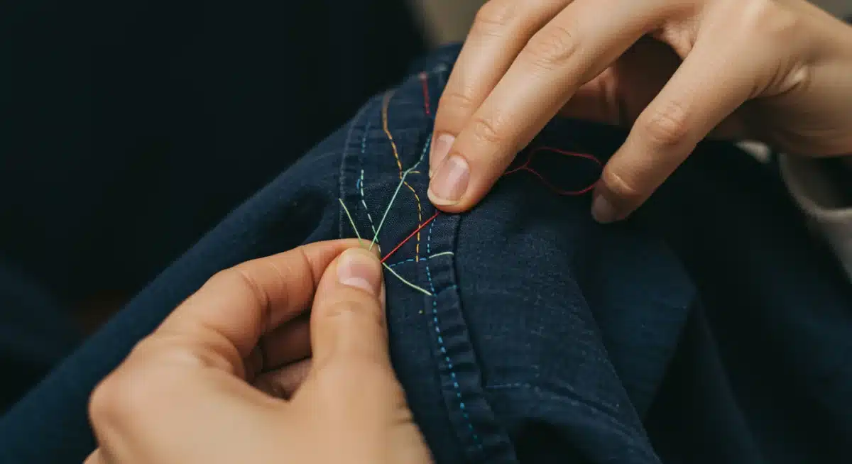 Hands meticulously mending a piece of clothing with colorful thread.