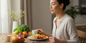 Person practicing mindful eating with a colorful, healthy meal in 2025, promoting stress reduction and improved digestion.