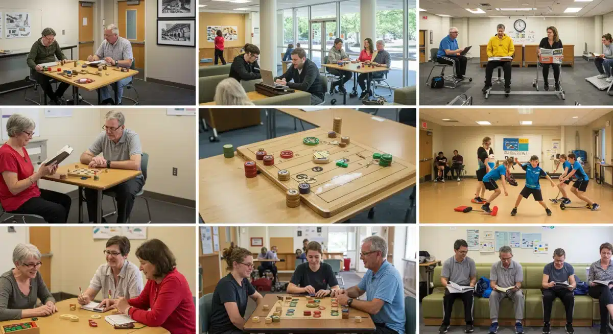 Diverse group engaging in non-screen activities in a U.S. community center.