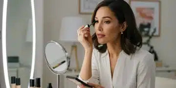 Professional woman quickly applying mascara for a 10-minute workday makeup look