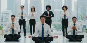 Professionals practicing various stress relief techniques in an office setting
